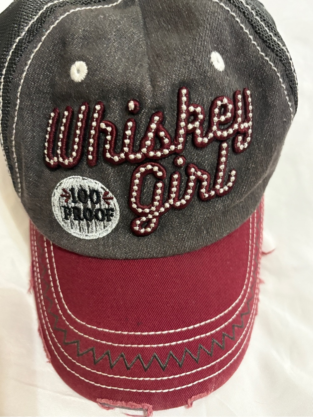 Whiskey Girl Embellished Two-Tone Baseball Cap - Gray & Burgundy